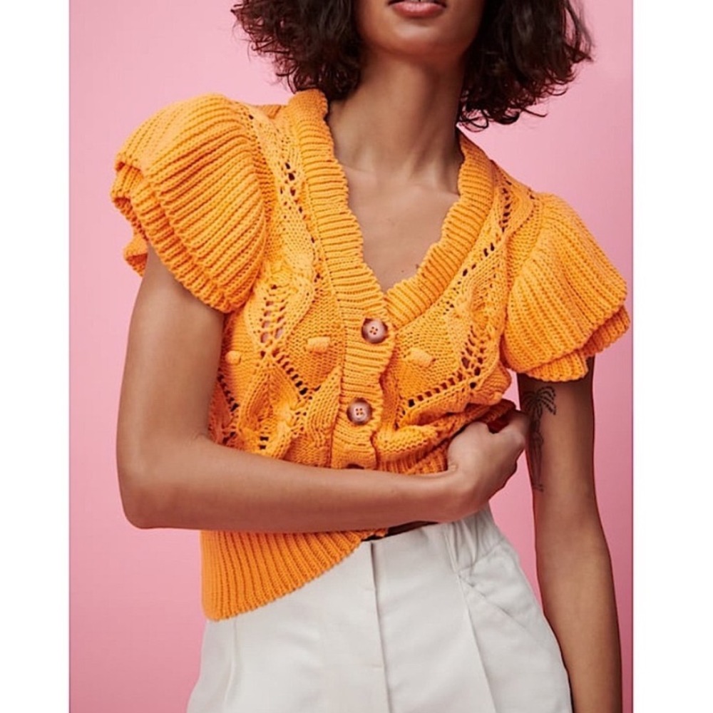 Zara Pointelle Ruffle Sleeve‎ Cardigan Women Size L Orange Bobble Knit 5802/033